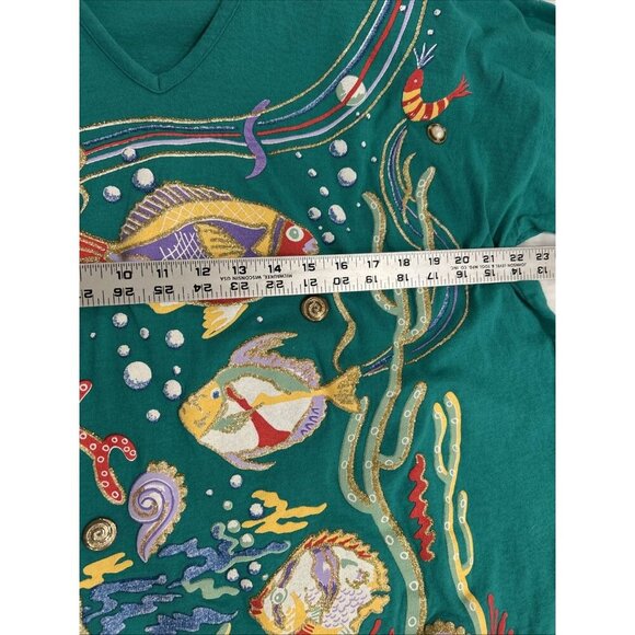 Vtg Copa Cabana Womens T shirt L Green Fish Underwater Treasure 80s Embellished - Picture 9 of 11